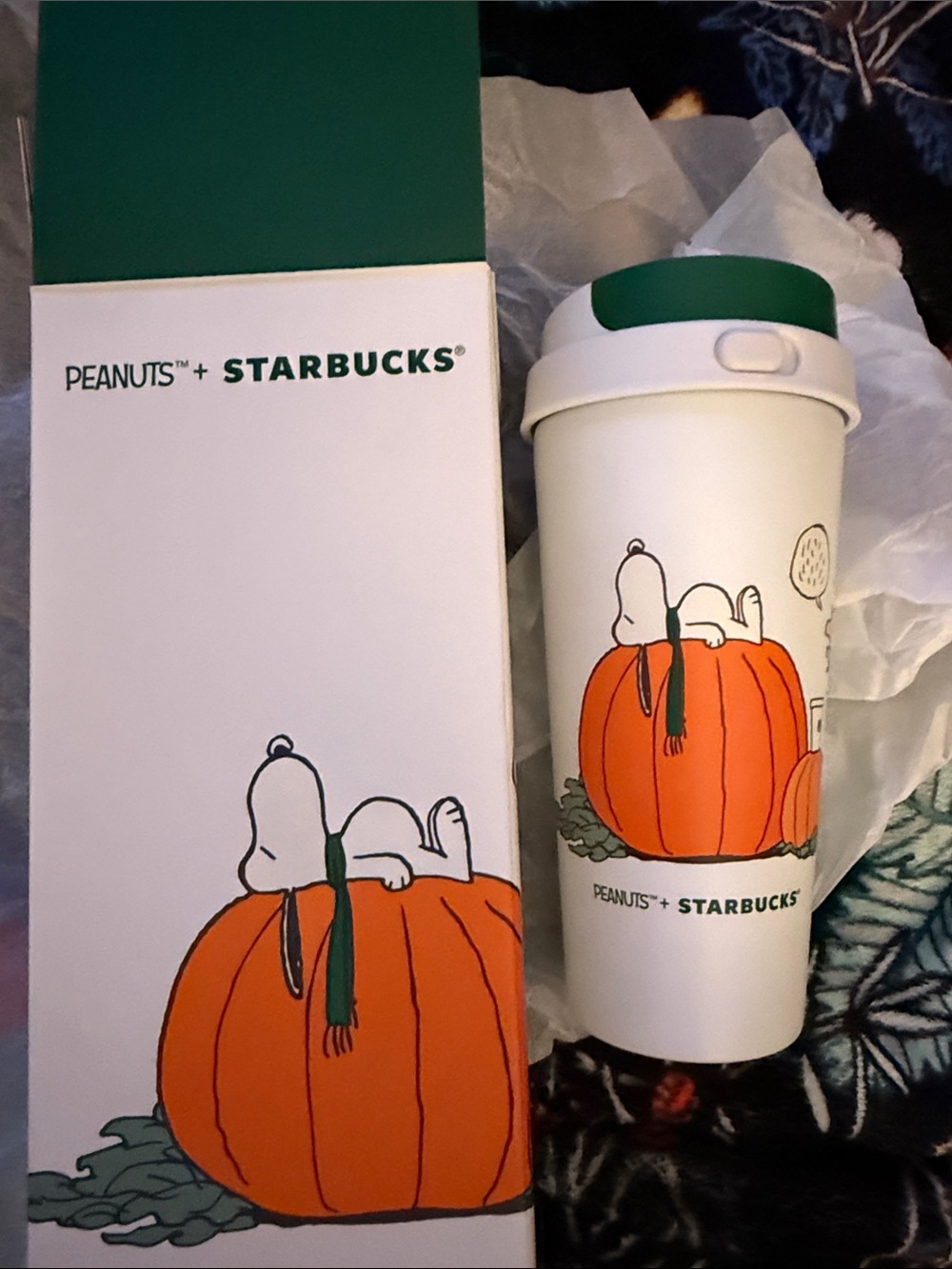 16 oz Starbucks Peanuts Snoopy Pumpkin Travel Mug - White, Green, Orange